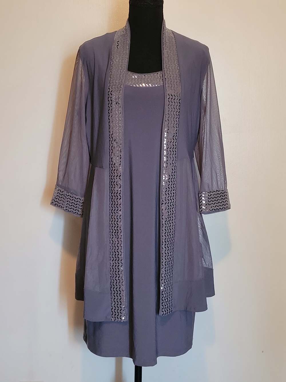 R&M Richards Gray Two-Piece Sheer Overlay Dress Tunic with Silver Sequin Trim